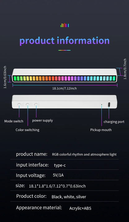 LED RGB USB pickup light bar sound control music rhythm strip lamp color ambient for car atmosphere computer gaming rechargeable